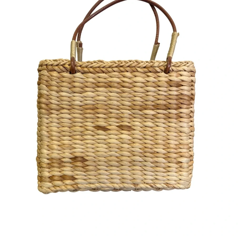 Tropical Palm Tree Embroidered Woven Straw Tote Bag Blue Lining Small Basket